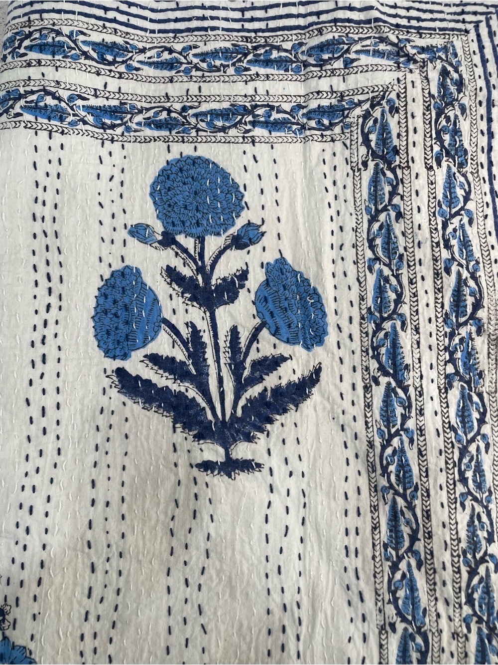 Kantha Blue/White Floral Quilt Top Queen Size 90 X 108 hand stitched - Picture 7 of 7